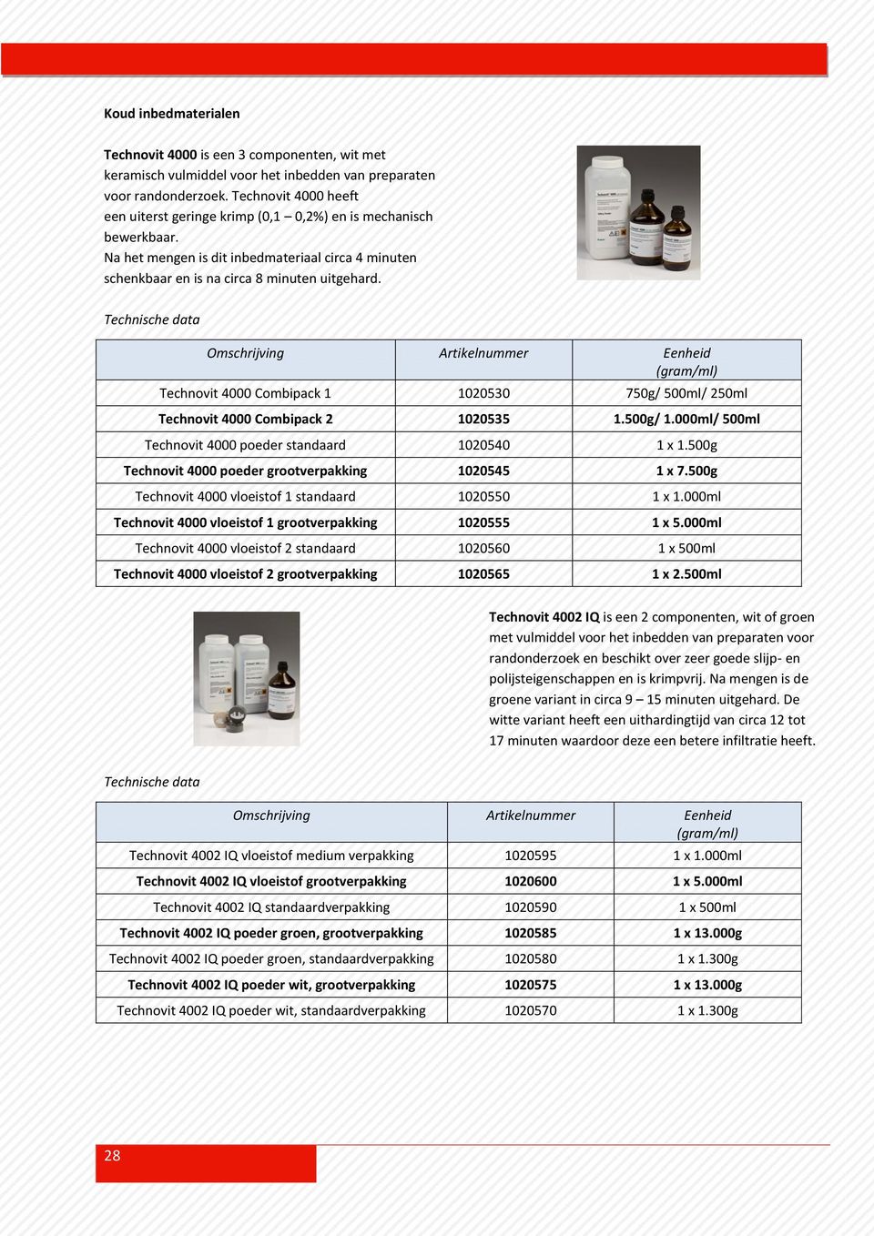 Technovit 4000 Combipack 1 1020530 750g/ 500ml/ 250ml Technovit 4000 Combipack 2 1020535 1.500g/ 1.000ml/ 500ml Technovit 4000 poeder standaard 1020540 1 x 1.