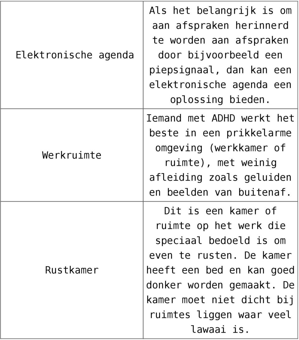 Iemand met ADHD werkt het beste in een prikkelarme omgeving (werkkamer of ruimte), met weinig afleiding zoals geluiden en beelden van