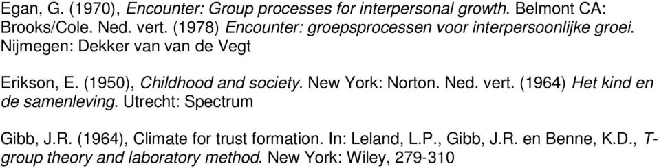 (1950), Childhood and society. New York: Norton. Ned. vert. (1964) Het kind en de samenleving. Utrecht: Spectrum Gibb, J.