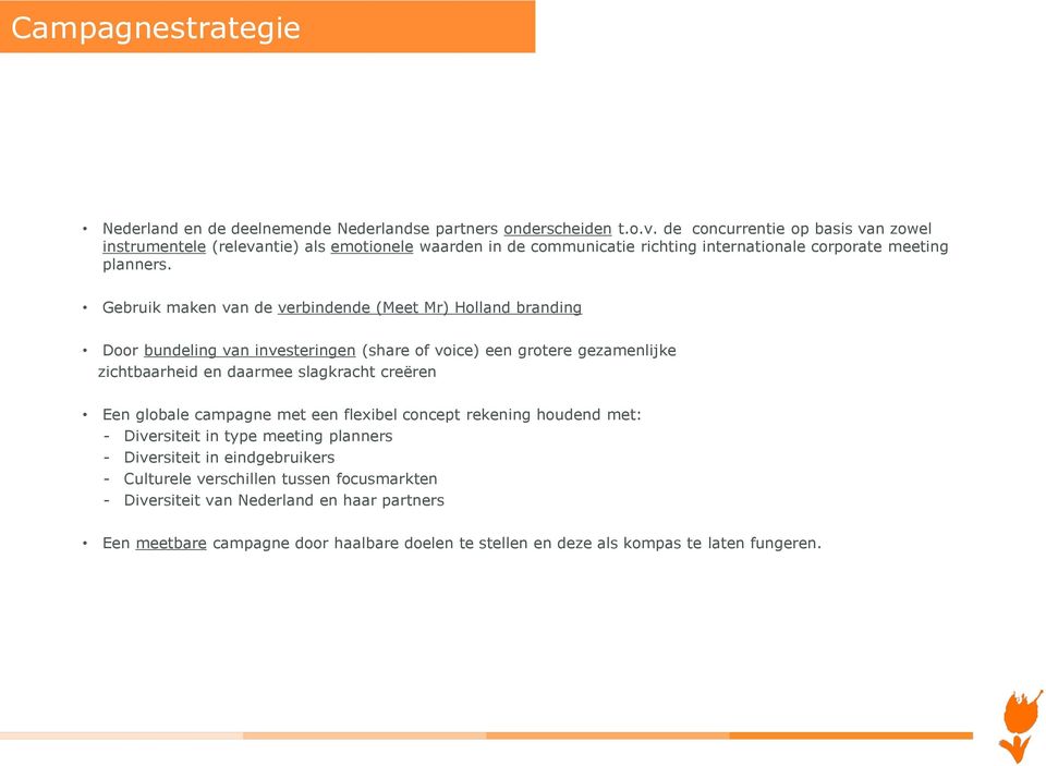 Gebruik maken van de verbindende (Meet Mr) Holland branding Door bundeling van investeringen (share of voice) een grotere gezamenlijke zichtbaarheid en daarmee slagkracht creëren Een