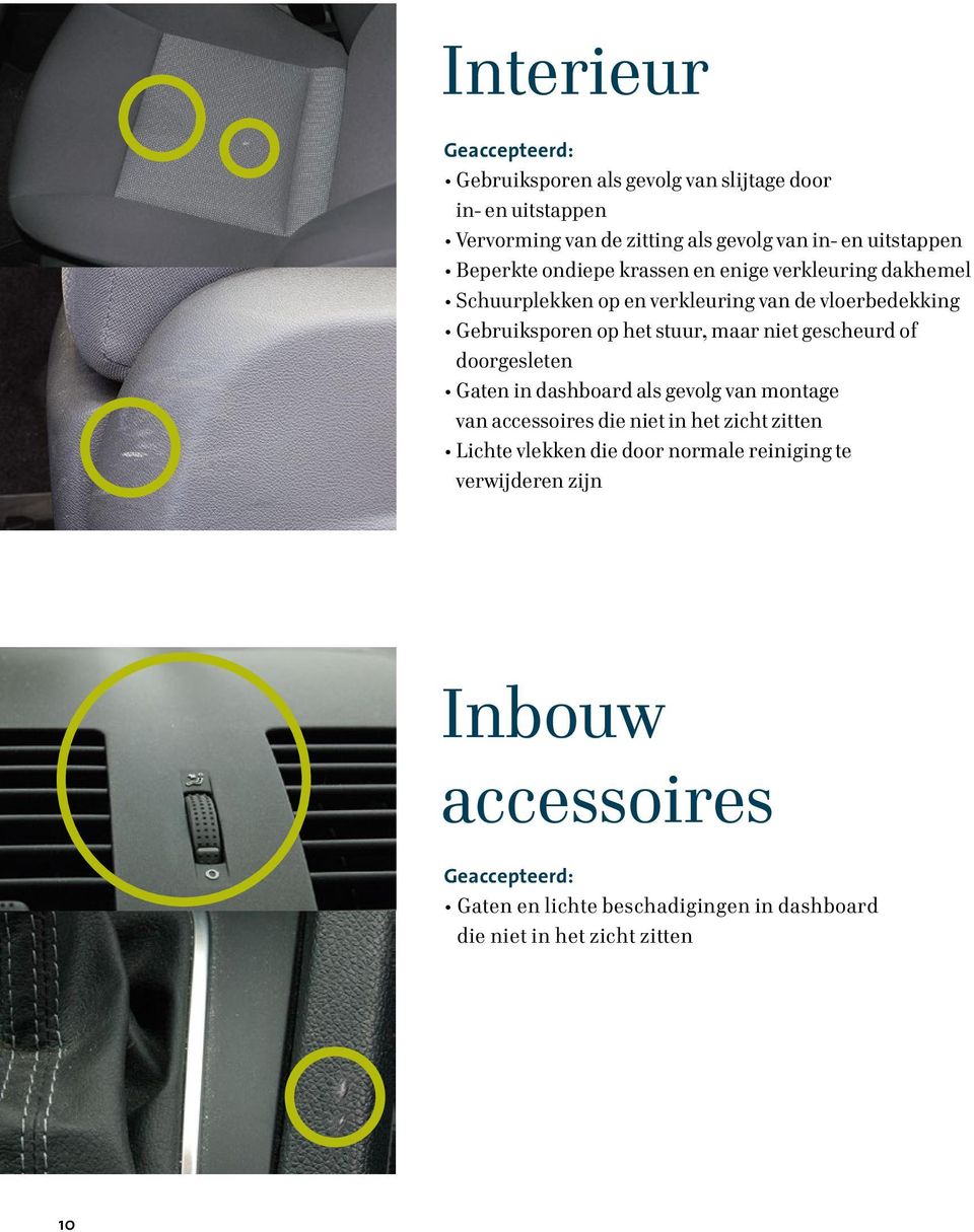 maar niet gescheurd of doorgesleten Gaten in dashboard als gevolg van montage van accessoires die niet in het zicht zitten Lichte