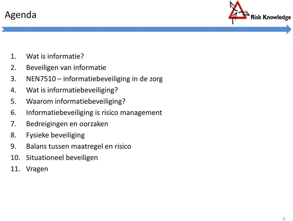 Waarom informatiebeveiliging? 6. Informatiebeveiliging is risico management 7.