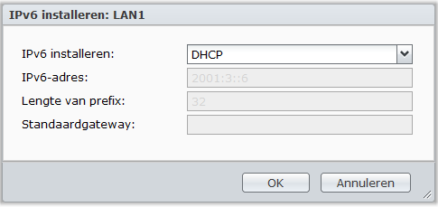 IPv6 installeren Klik op de knop IPv6 installeren onder het tabblad LAN 1 of Draadloos netwerk om de instellingen van IPv6 te wijzigen. Synology DiskStation ondersteunt IPv4/IPv6 dual stack.
