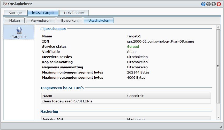 iscsi beheren met Opslagbeheer Ga naar Hoofdmenu > Opslagbeheer en klik op het tabblad iscsi Target om de iscsi-service op uw Synology DiskStation te beheren. Met DSM 3.