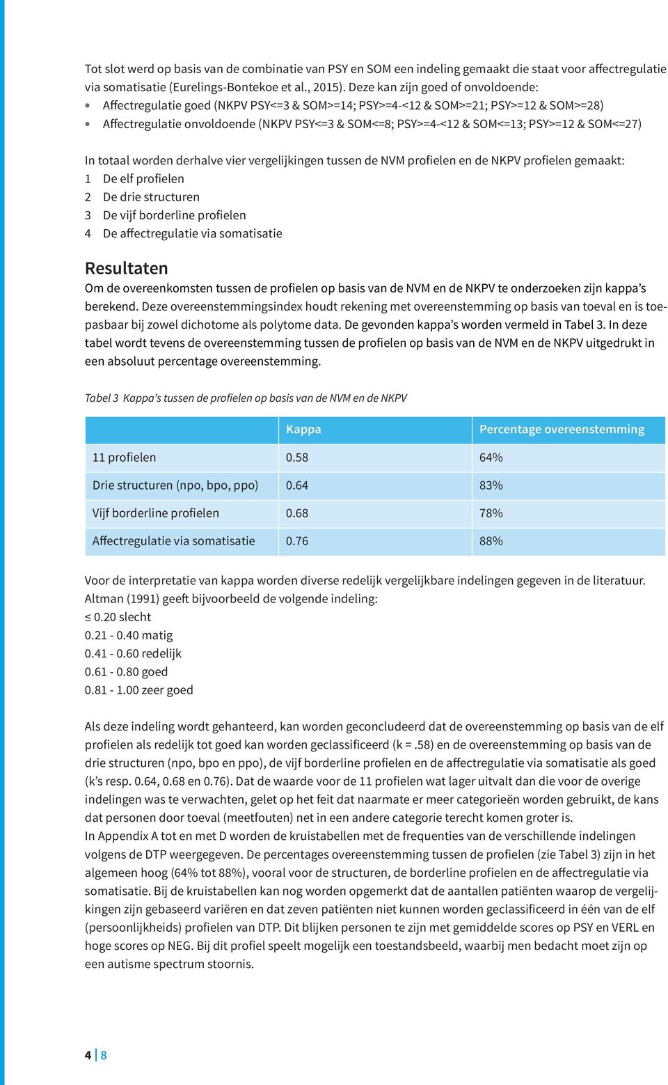 PSY>=12 & SOM<=27) In totaal worden derhalve vier vergelijkingen tussen de NVM profielen en de NKPV profielen gemaakt: 1 De elf profielen 2 De drie structuren 3 De vijf profielen 4 De affectregulatie