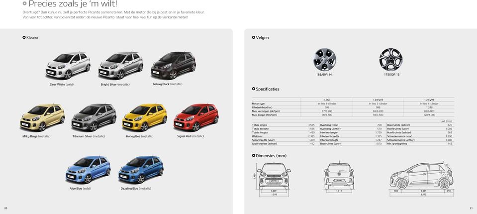 Velgen Kleuren 165/60R 14 Clear White (solid) Bright Silver (metallic) 175/50R 15 Galaxy Black (metallic) Specificaties Motor type Cilinderinhoud (cc) LPGi 1.0 CVVT 1.