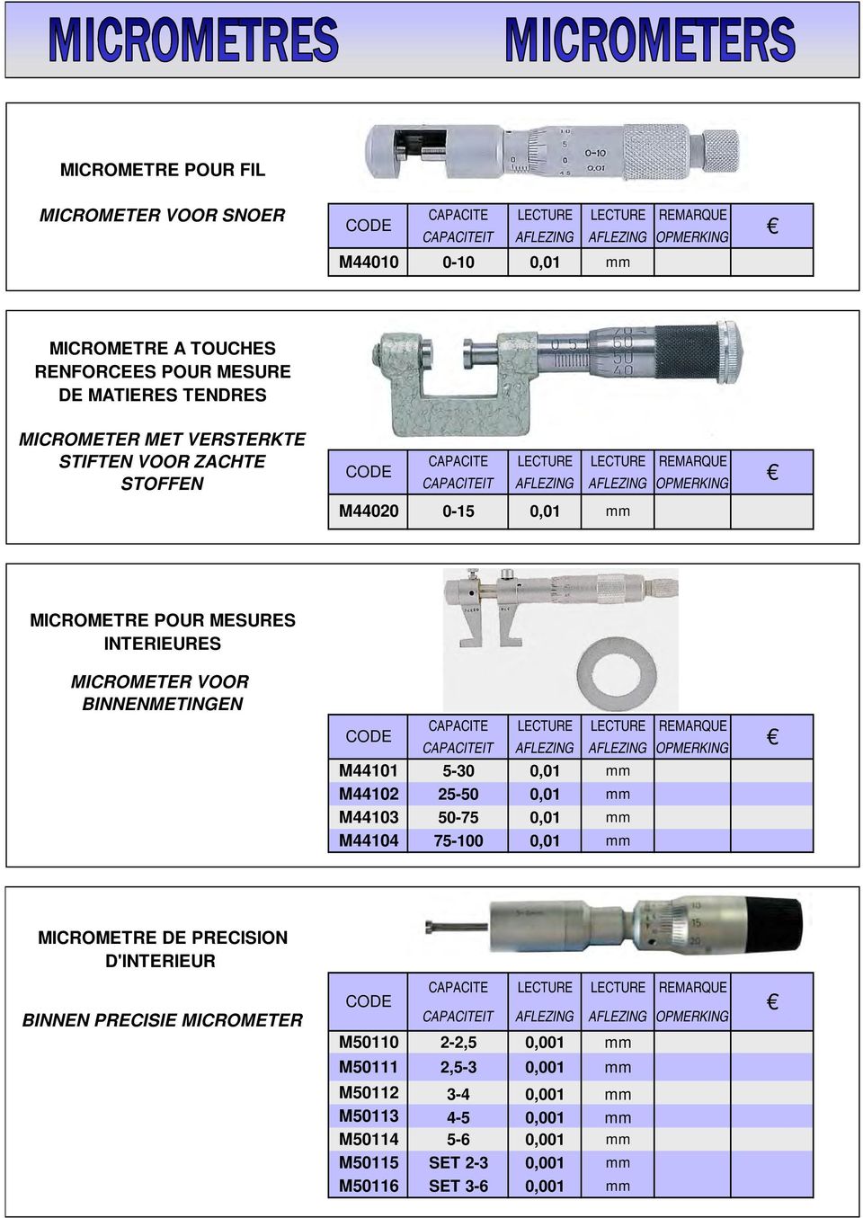 BINNENMETINGEN CAPACITE LECTURE LECTURE REMARQUE CAPACITEIT AFLEZING AFLEZING OPMERKING M44101 5-30 0,01 mm M44102 25-50 0,01 mm M44103 50-75 0,01 mm M44104 75-100 0,01 mm MICROMETRE DE PRECISION