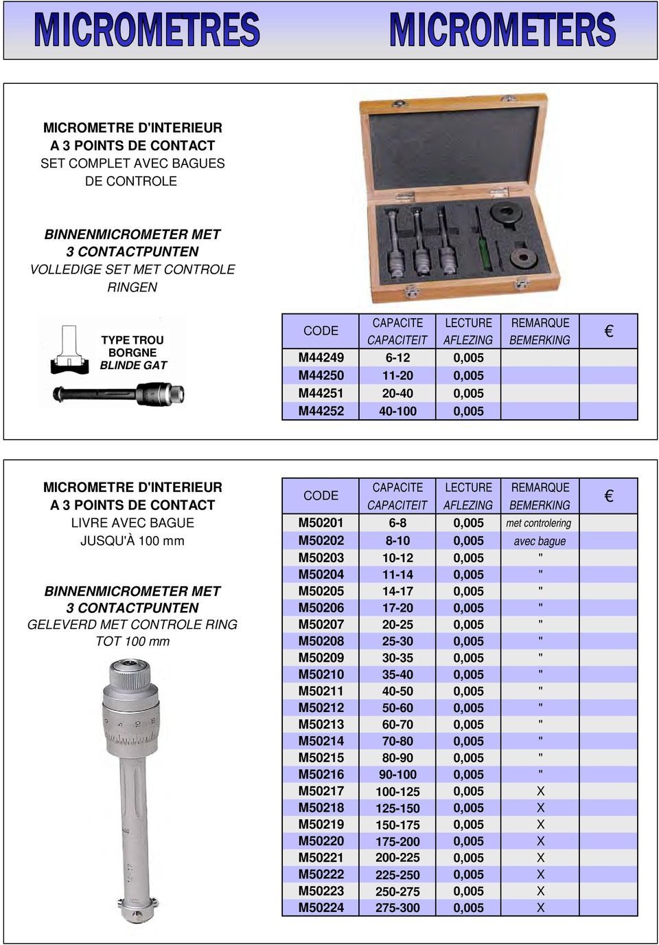 AFLEZING BEMERKING LIVRE AVEC BAGUE M50201 6-8 0,005 met controlering JUSQU'À 100 mm M50202 8-10 0,005 avec bague M50203 10-12 0,005 " M50204 11-14 0,005 " BINNENMICROMETER MET M50205 14-17 0,005 " 3