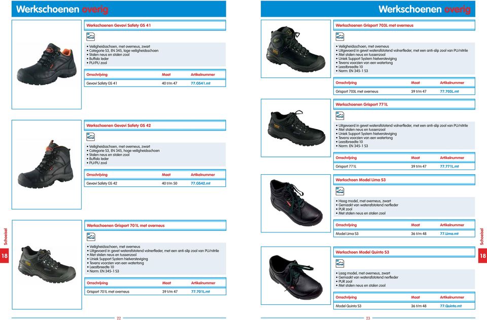 mt Veiligheidsschoen, met overneus Uitgevoerd in gevet waterafstotend volnerfleder, met een anti-slip zool van PU/nitrile Met stalen neus en tussenzool Uniek Support System hielversteviging Tevens