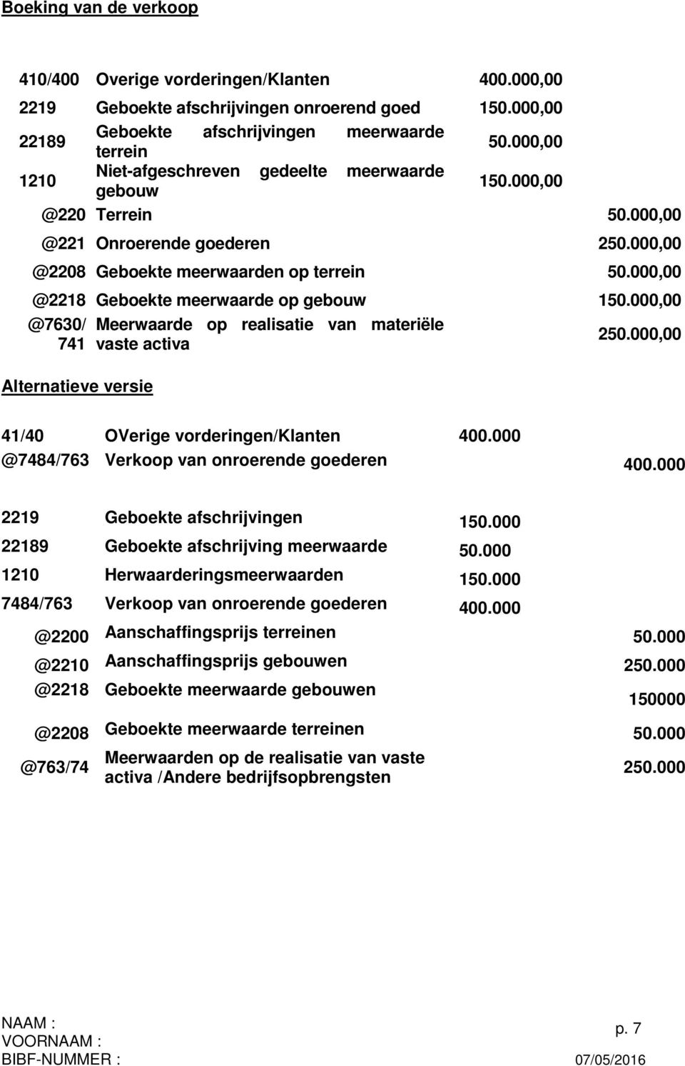 000,00 @2218 Geboekte meerwaarde op gebouw 150.000,00 @7630/ 741 Alternatieve versie Meerwaarde op realisatie van materiële vaste activa 250.000,00 41/40 OVerige vorderingen/klanten 400.