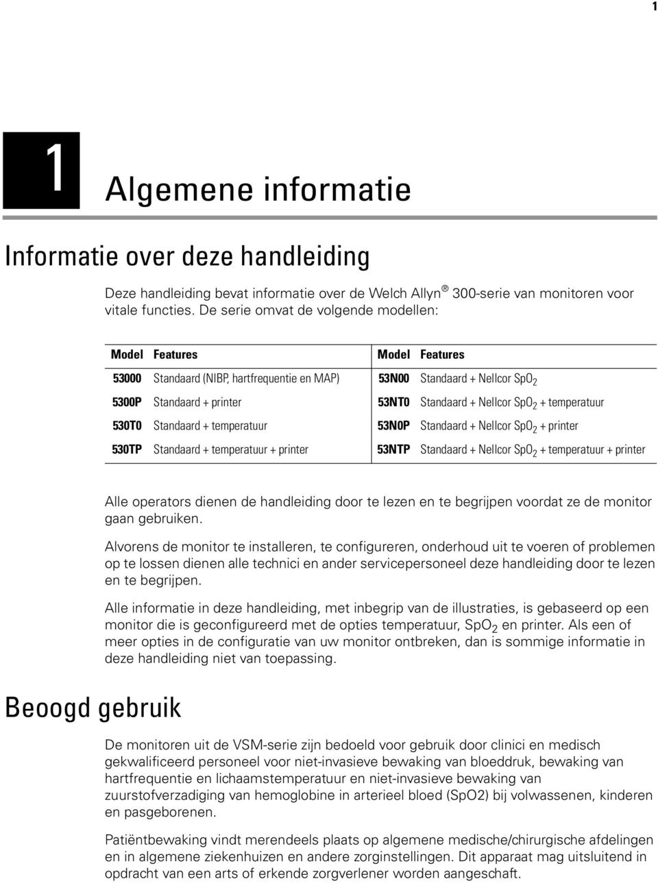 SpO 2 + temperatuur 530T0 Standaard + temperatuur 53N0P Standaard + Nellcor SpO 2 + printer 530TP Standaard + temperatuur + printer 53NTP Standaard + Nellcor SpO 2 + temperatuur + printer Beoogd