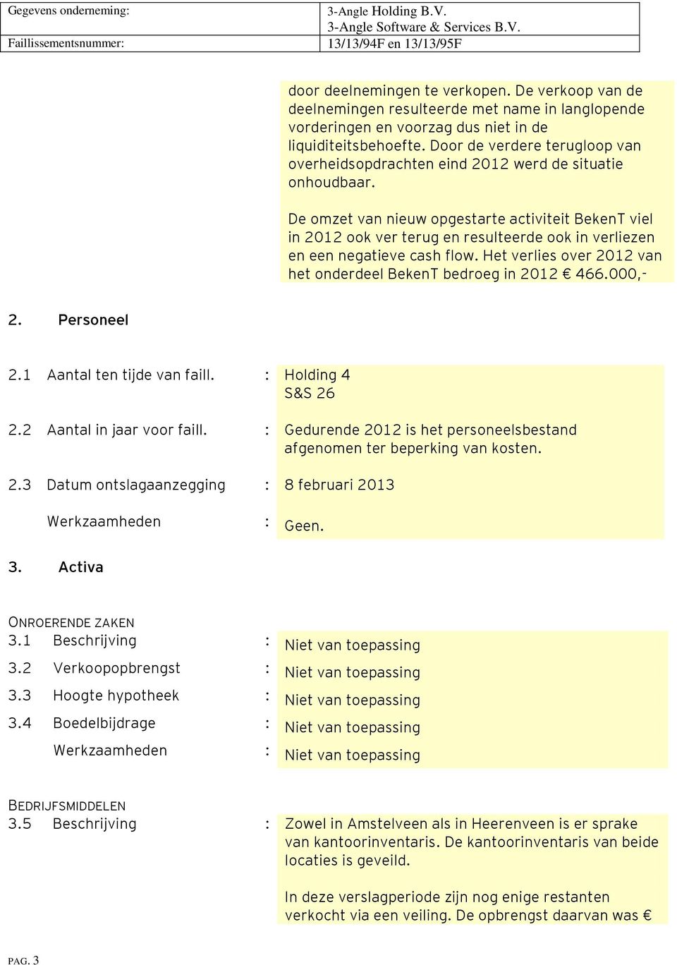 De omzet van nieuw opgestarte activiteit BekenT viel in 2012 ook ver terug en resulteerde ook in verliezen en een negatieve cash flow.