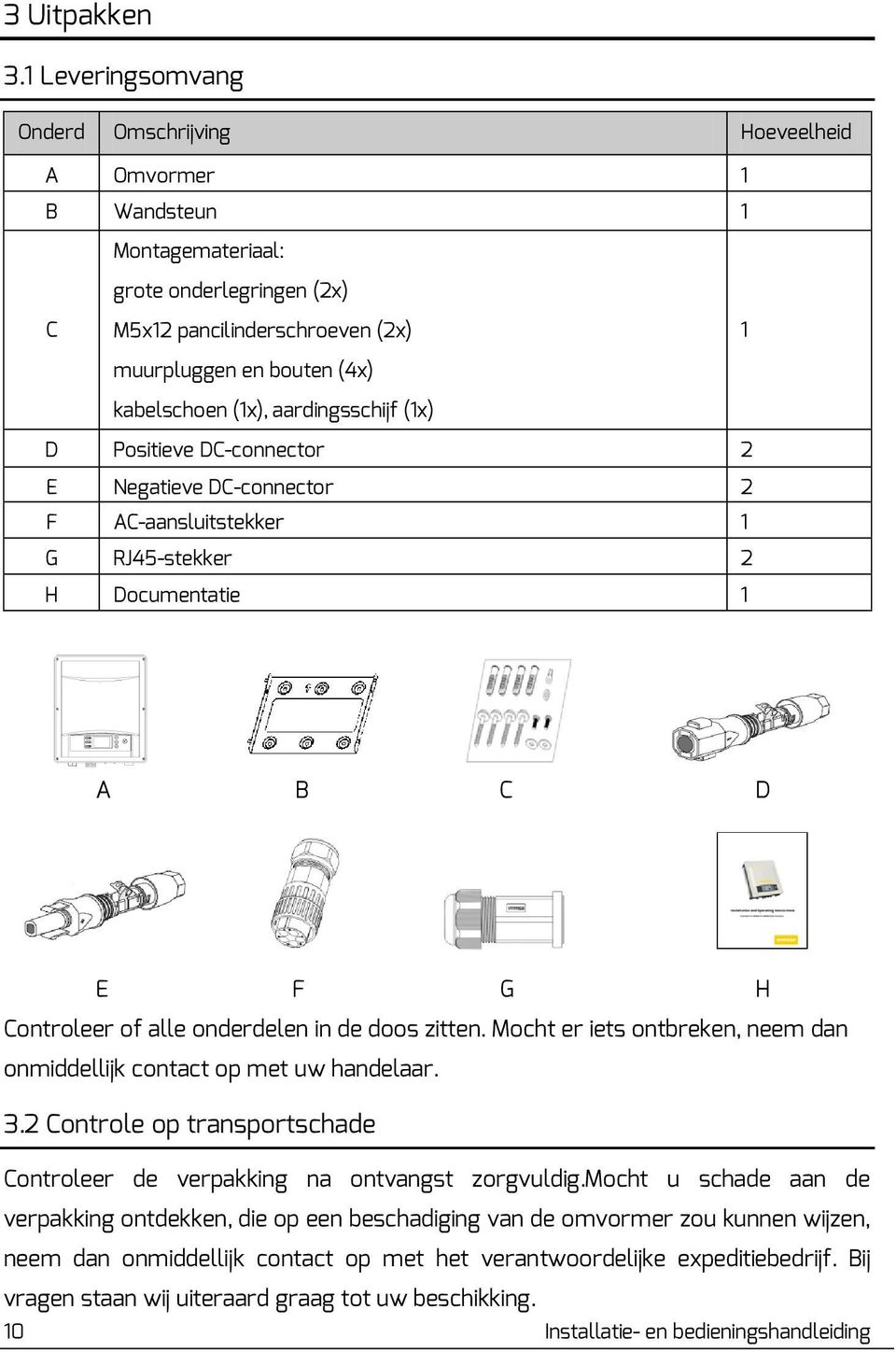 (1x), aardingsschijf (1x) D Positieve DC-connector 2 E Negatieve DC-connector 2 F AC-aansluitstekker 1 G RJ45-stekker 2 H Documentatie 1 A B C D E F G H Controleer of alle onderdelen in de doos