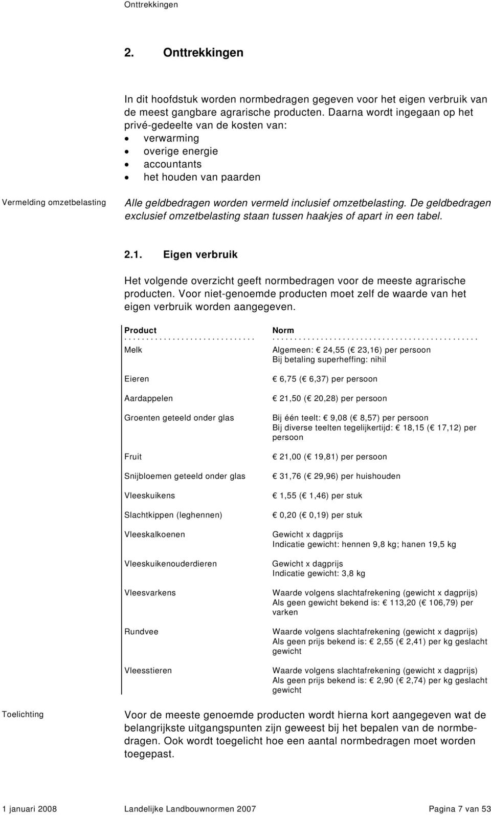 omzetbelasting. De geldbedragen exclusief omzetbelasting staan tussen haakjes of apart in een tabel. 2.1. Eigen verbruik Het volgende overzicht geeft normbedragen voor de meeste agrarische producten.