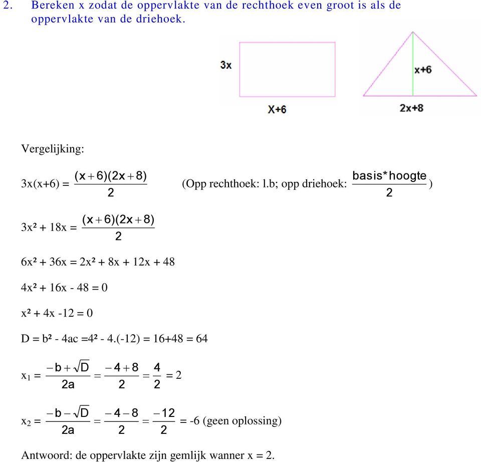 b; opp driehoek: basis* hoogte ) 3x² + 18x = ( x 6)(x 8) 6x² + 36x = x² + 8x + 1x + 48 4x² + 16x -