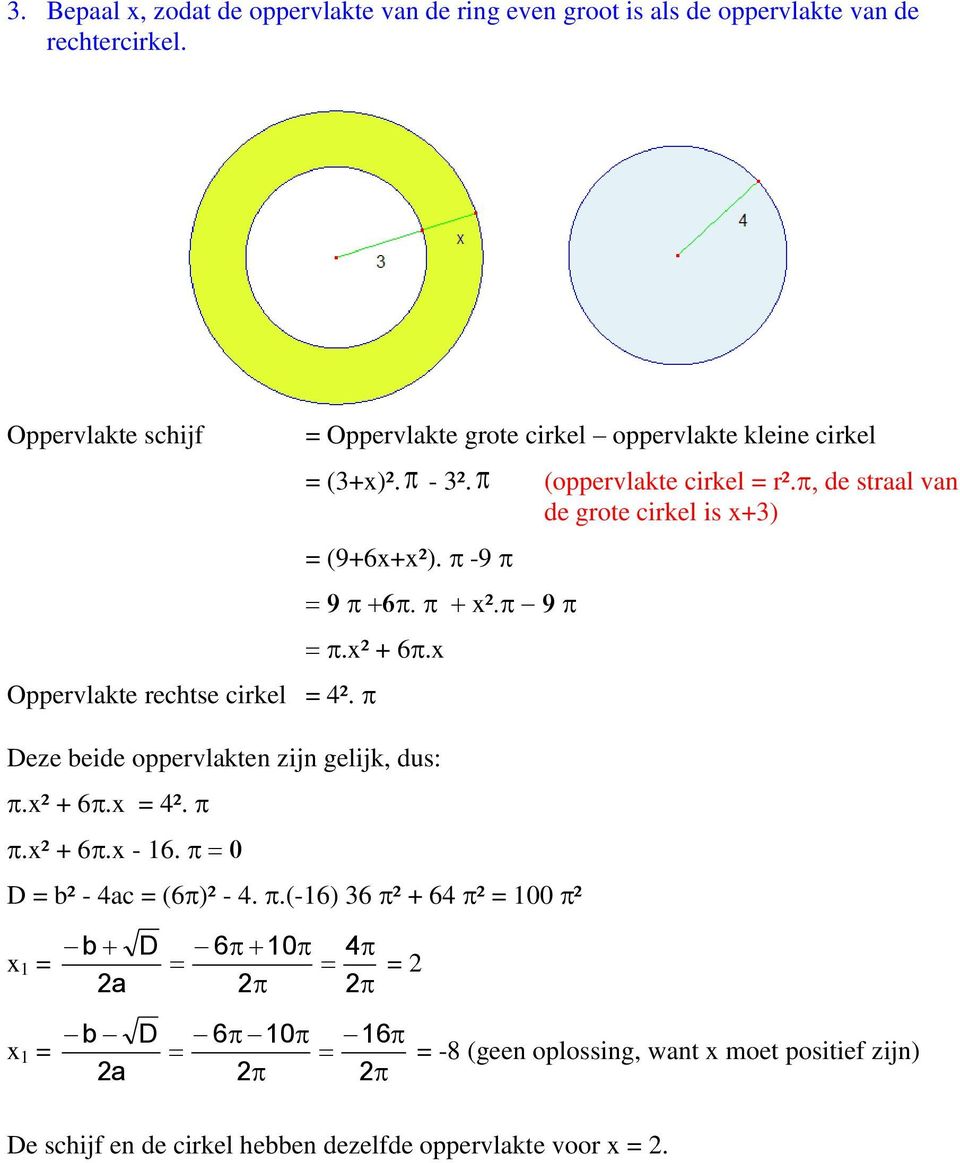de straal van de grote cirkel is x+3) = (9+6x+x²). -9 x².x² + 6.x Oppervlakte rechtse cirkel = 4². eze beide oppervlakten zijn gelijk, dus:.