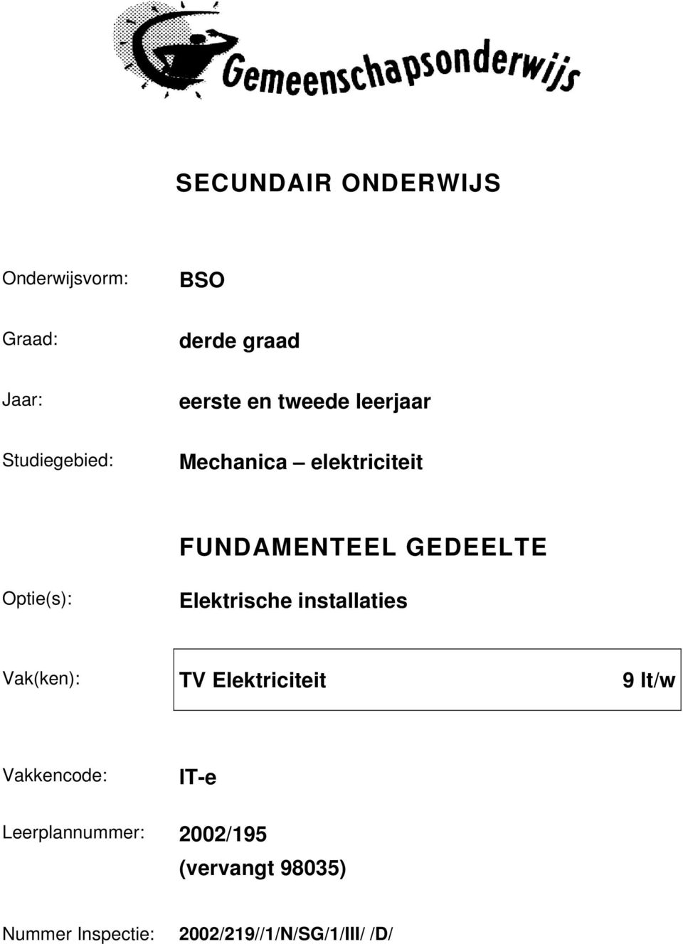 Elektrische installaties Vak(ken): TV Elektriciteit 9 lt/w Vakkencode: IT-e