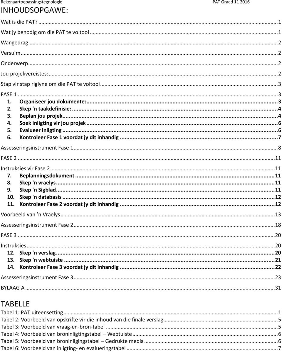 Evalueer inligting...6 6. Kontroleer Fase 1 voordat jy dit inhandig...7 Assesseringsinstrument Fase 1...8 FASE 2...11 Instruksies vir Fase 2...11 7. Beplanningsdokument...11 8. Skep 'n vraelys...11 9.