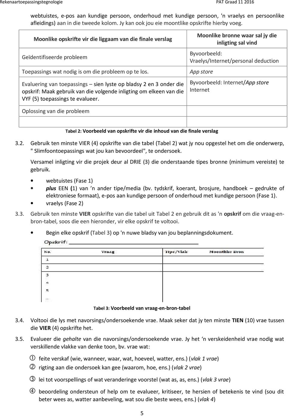 Evaluering van toepassings sien lyste op bladsy 2 en 3 onder die opskrif: Maak gebruik van die volgende inligting om elkeen van die VYF (5) toepassings te evalueer.