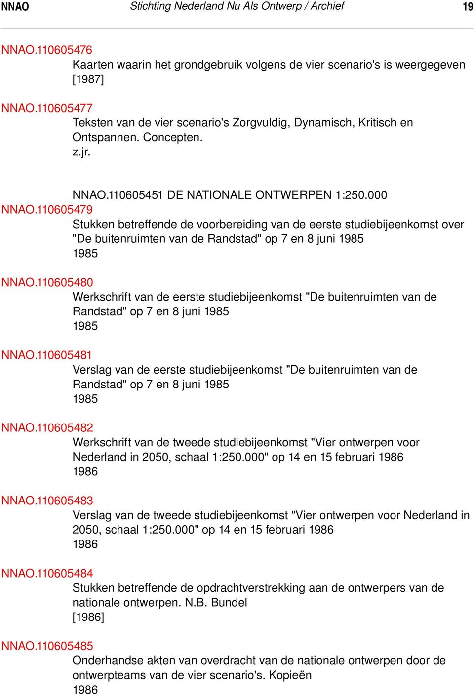 110605451 DE NATIONALE ONTWERPEN 1:250.000 NNAO.110605479 Stukken betreffende de voorbereiding van de eerste studiebijeenkomst over "De buitenruimten van de Randstad" op 7 en 8 juni 1985 1985 NNAO.