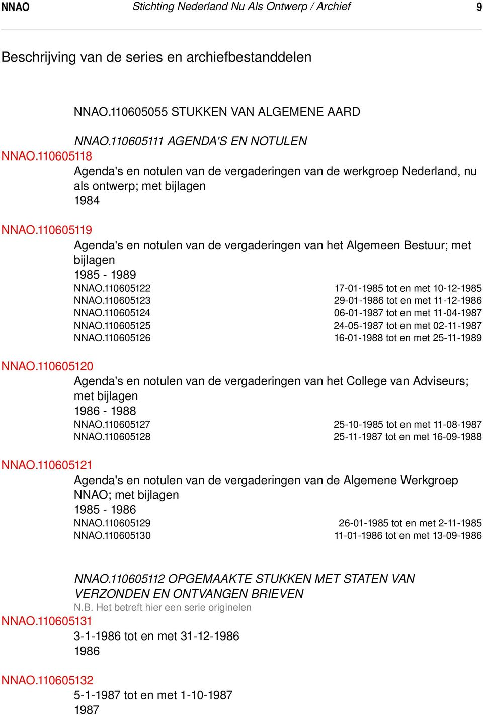 110605118 Agenda's en notulen van de vergaderingen van de werkgroep Nederland, nu als ontwerp; met bijlagen 1984 NNAO.