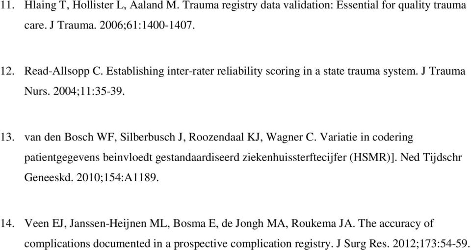van den Bosch WF, Silberbusch J, Roozendaal KJ, Wagner C. Variatie in codering patientgegevens beinvloedt gestandaardiseerd ziekenhuissterftecijfer (HSMR)].