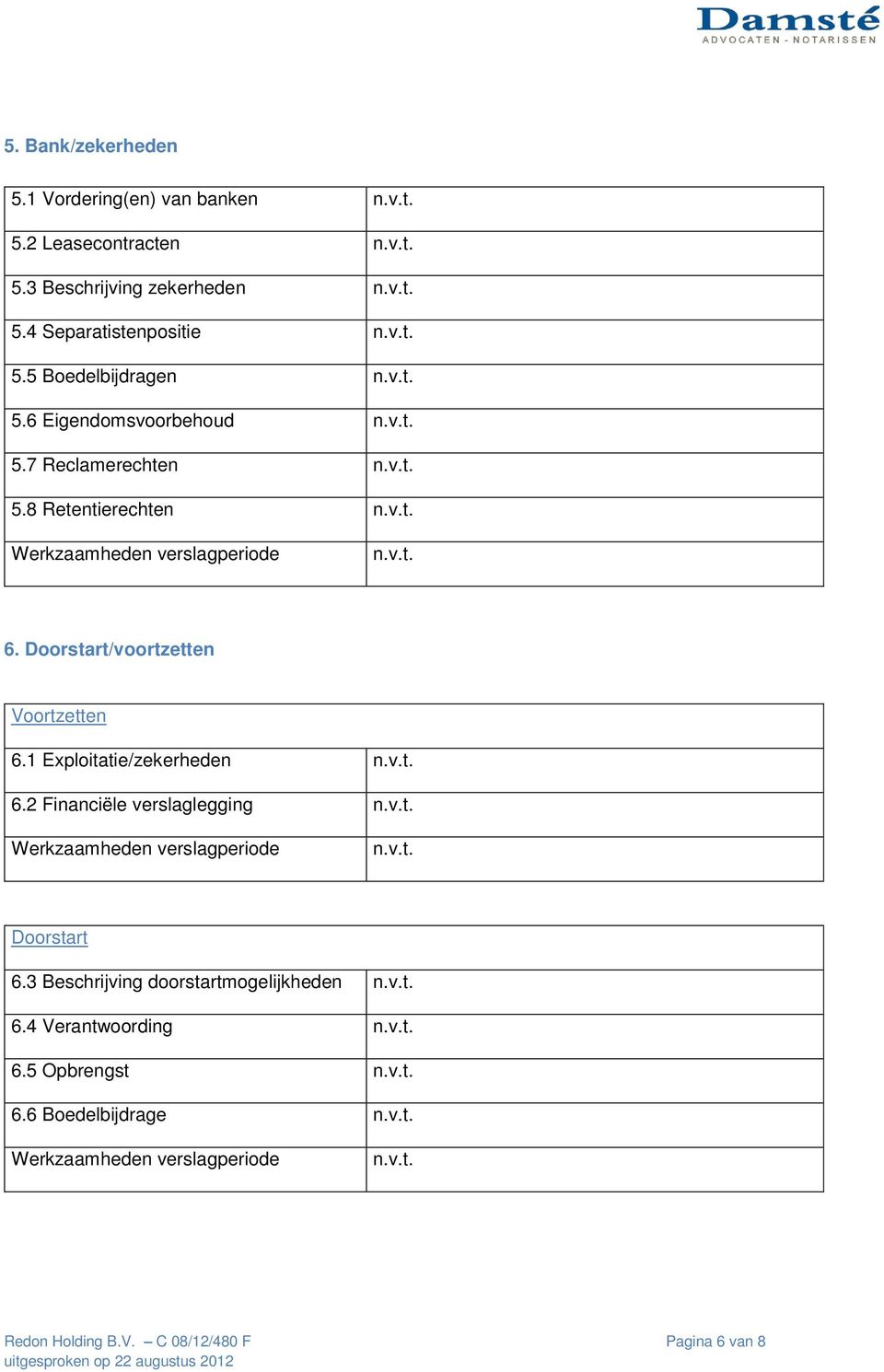 Doorstart/voortzetten Voortzetten 6.1 Exploitatie/zekerheden 6.2 Financiële verslaglegging Doorstart 6.