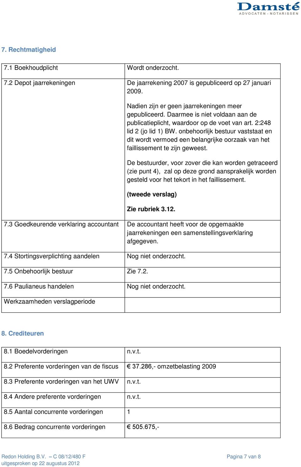 onbehoorlijk bestuur vaststaat en dit wordt vermoed een belangrijke oorzaak van het faillissement te zijn geweest.