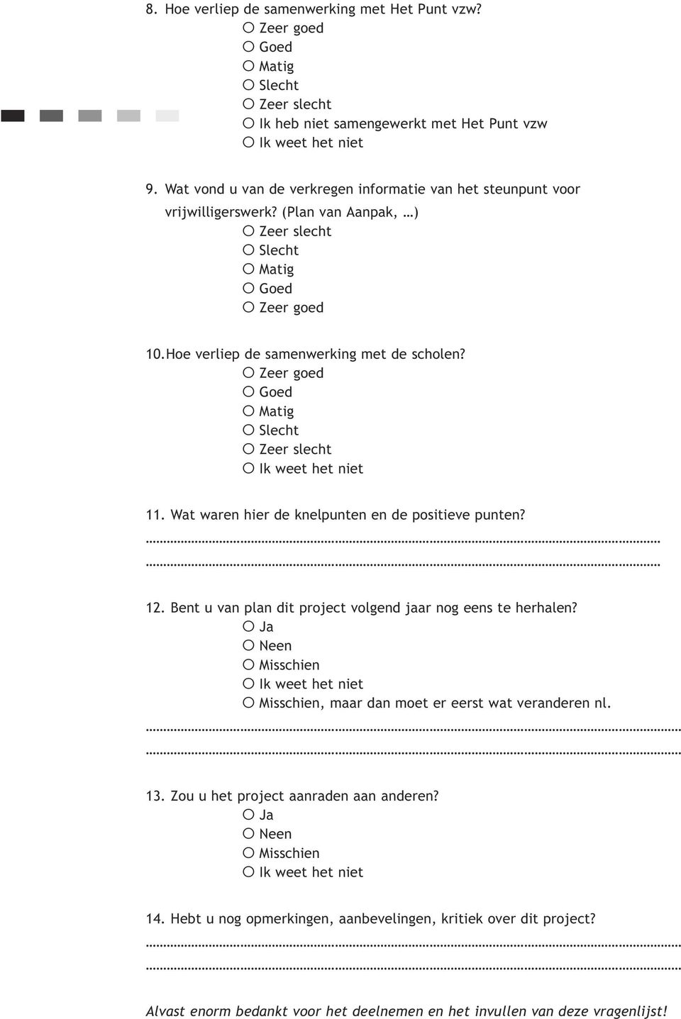 O Zeer goed O Goed O Matig O Slecht O Zeer slecht O Ik weet het niet 11. Wat waren hier de knelpunten en de positieve punten? 12. Bent u van plan dit project volgend jaar nog eens te herhalen?