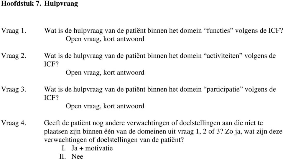 Open vraag, kort antwoord Wat is de hulpvraag van de patiënt binnen het domein participatie volgens de ICF?