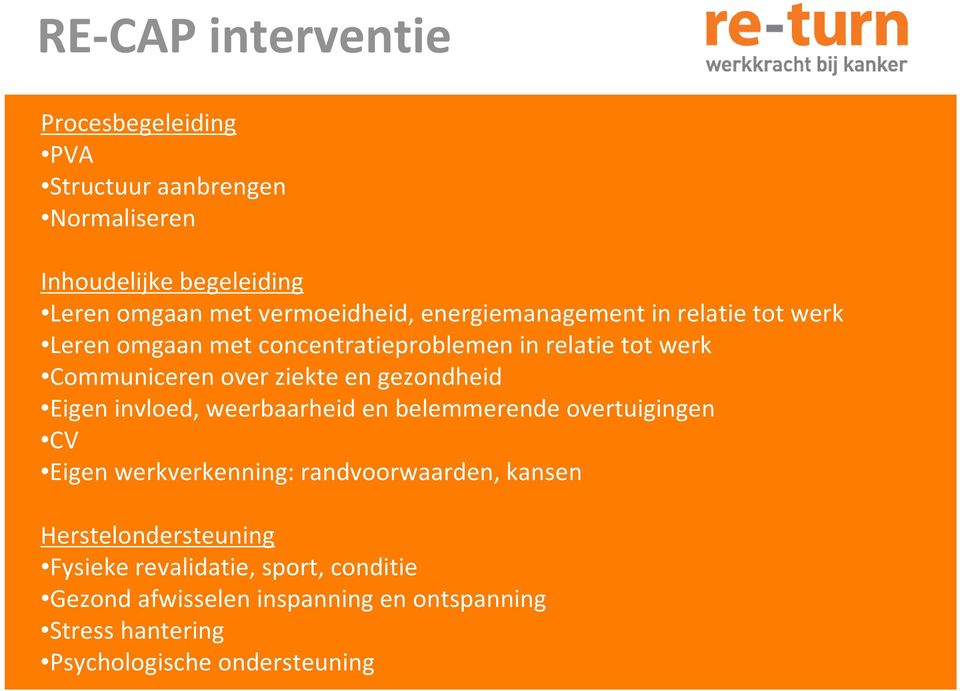 gezondheid Eigen invloed, weerbaarheid en belemmerende overtuigingen CV Eigen werkverkenning: randvoorwaarden, kansen