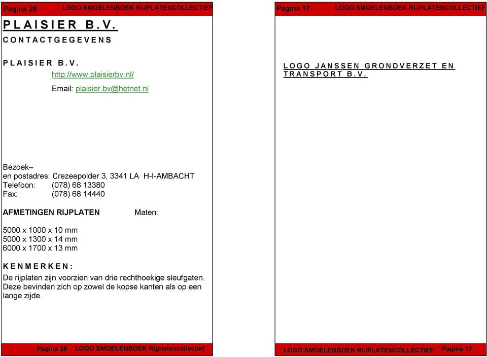 nl Bezoek en postadres: Crezeepolder 3, 3341 LA H-I-AMBACHT Telefoon: (078) 68 13380 Fax: (078) 68 14440 AFMETINGEN RIJPLATEN Maten: 5000