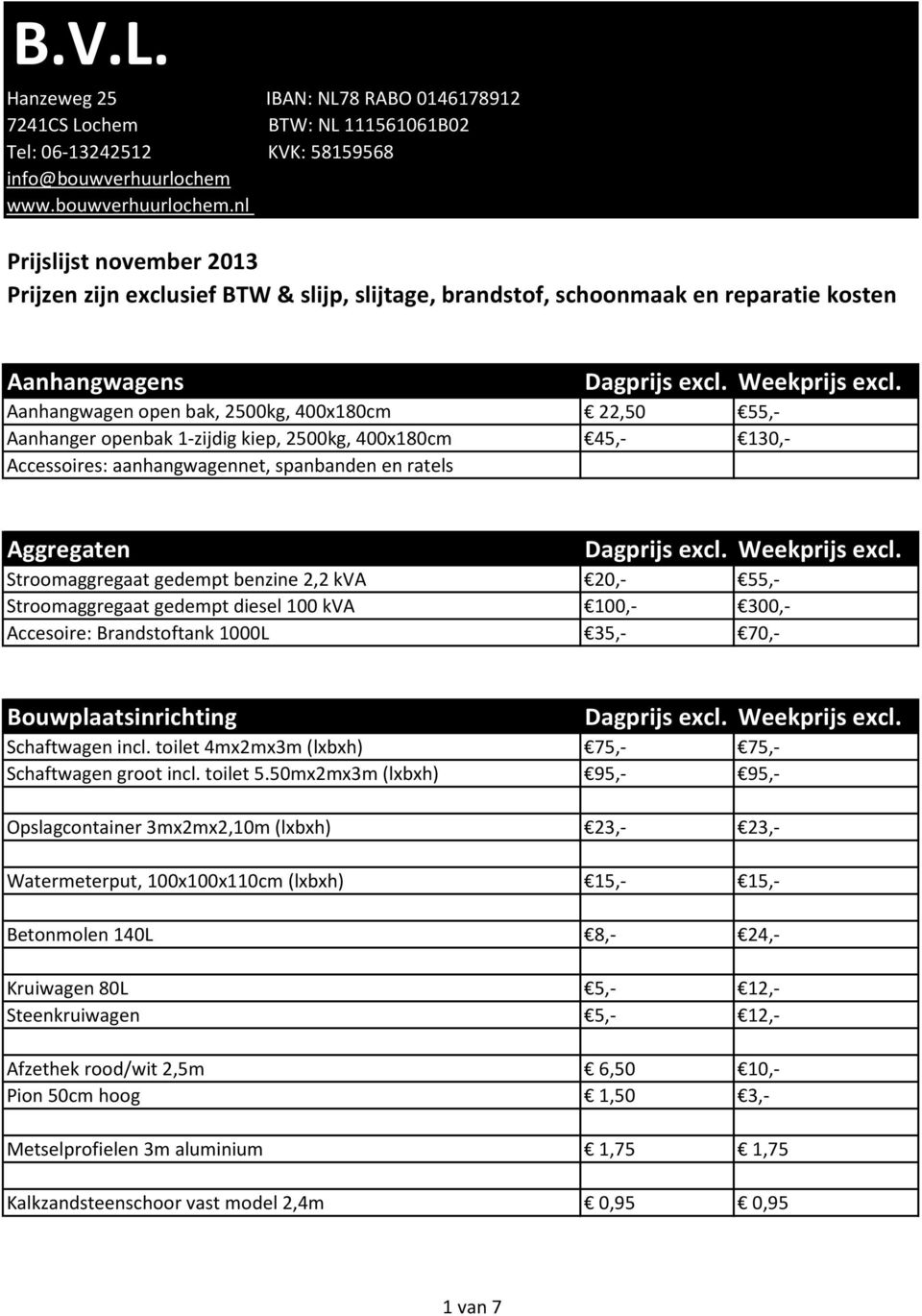 nl Prijslijst november 2013 Prijzen zijn exclusief BTW & slijp, slijtage, brandstof, schoonmaak en reparatie kosten Aanhangwagens Aanhangwagen open bak, 2500kg, 400x180cm 22,50 55,- Aanhanger openbak