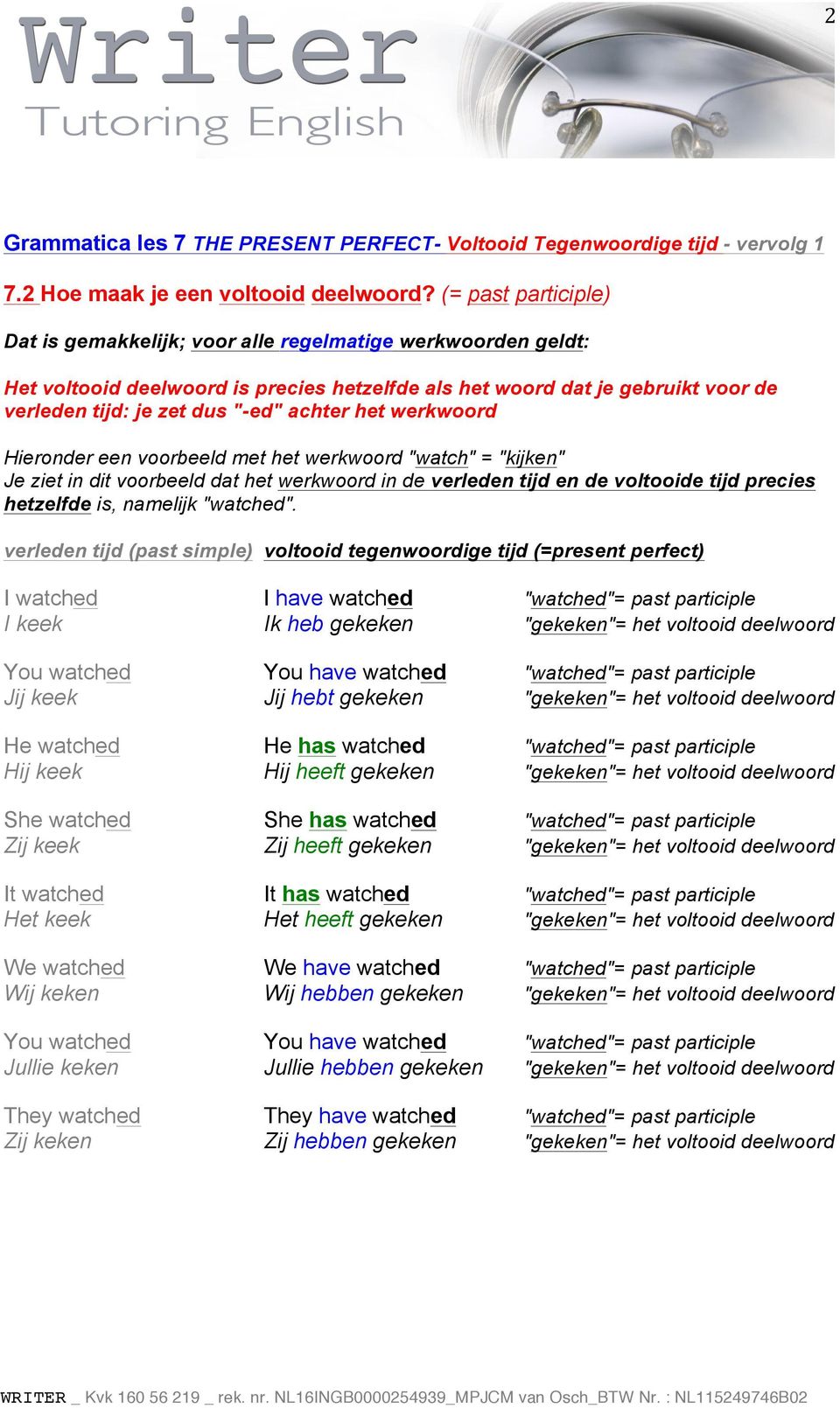 achter het werkwoord Hieronder een voorbeeld met het werkwoord "watch" = "kijken" Je ziet in dit voorbeeld dat het werkwoord in de verleden tijd en de voltooide tijd precies hetzelfde is, namelijk