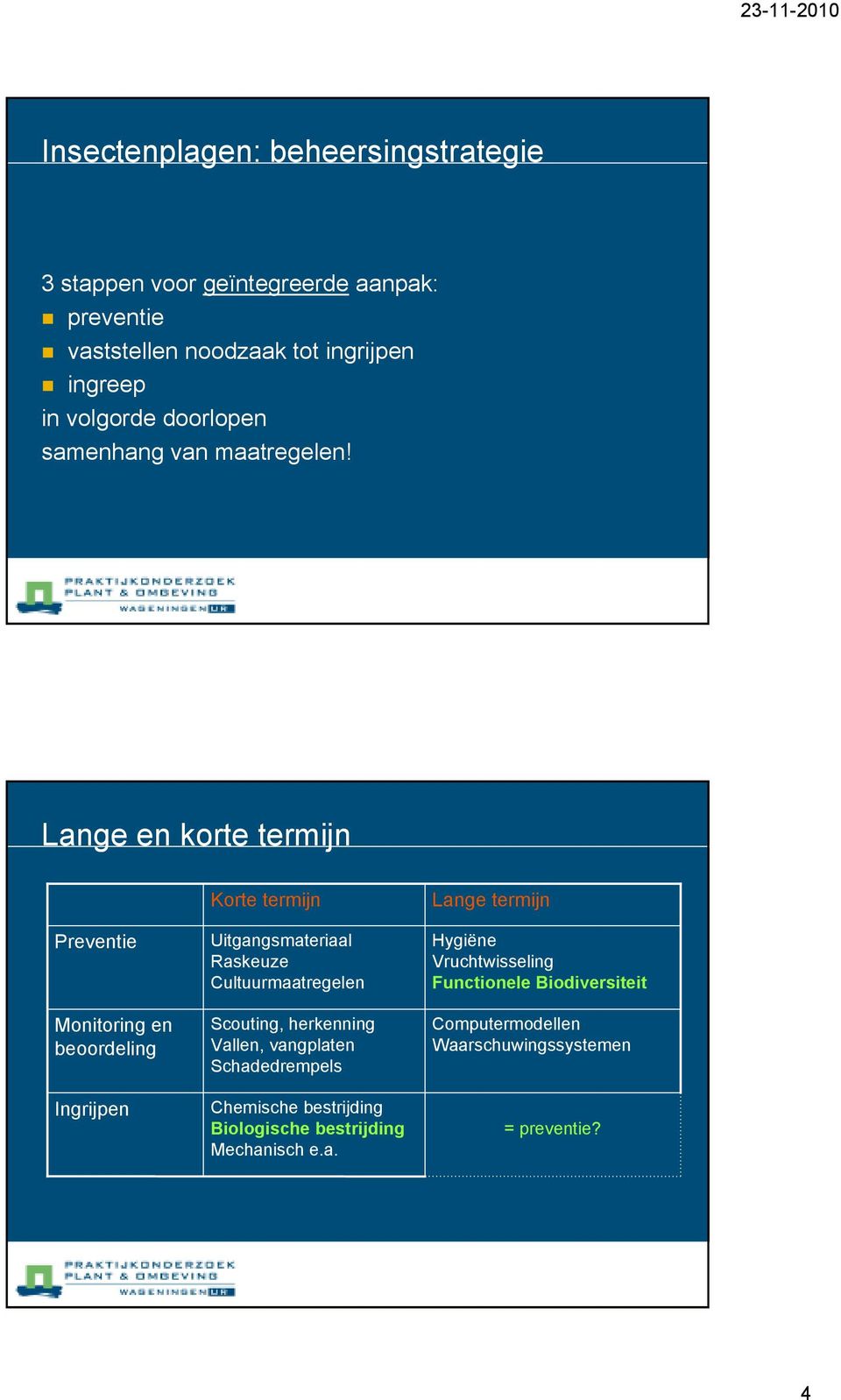 Lange en korte termijn Preventie Monitoring en beoordeling Ingrijpen Korte termijn Uitgangsmateriaal Raskeuze Cultuurmaatregelen