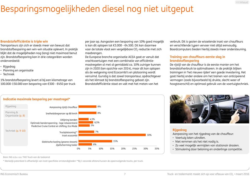 Brandstofbesparing kan in drie categoriëen worden onderverdeeld: Rijgedrag Planning en organisatie Techniek 1% brandstofbesparing levert al bij een kilometrage van 100.000-150.