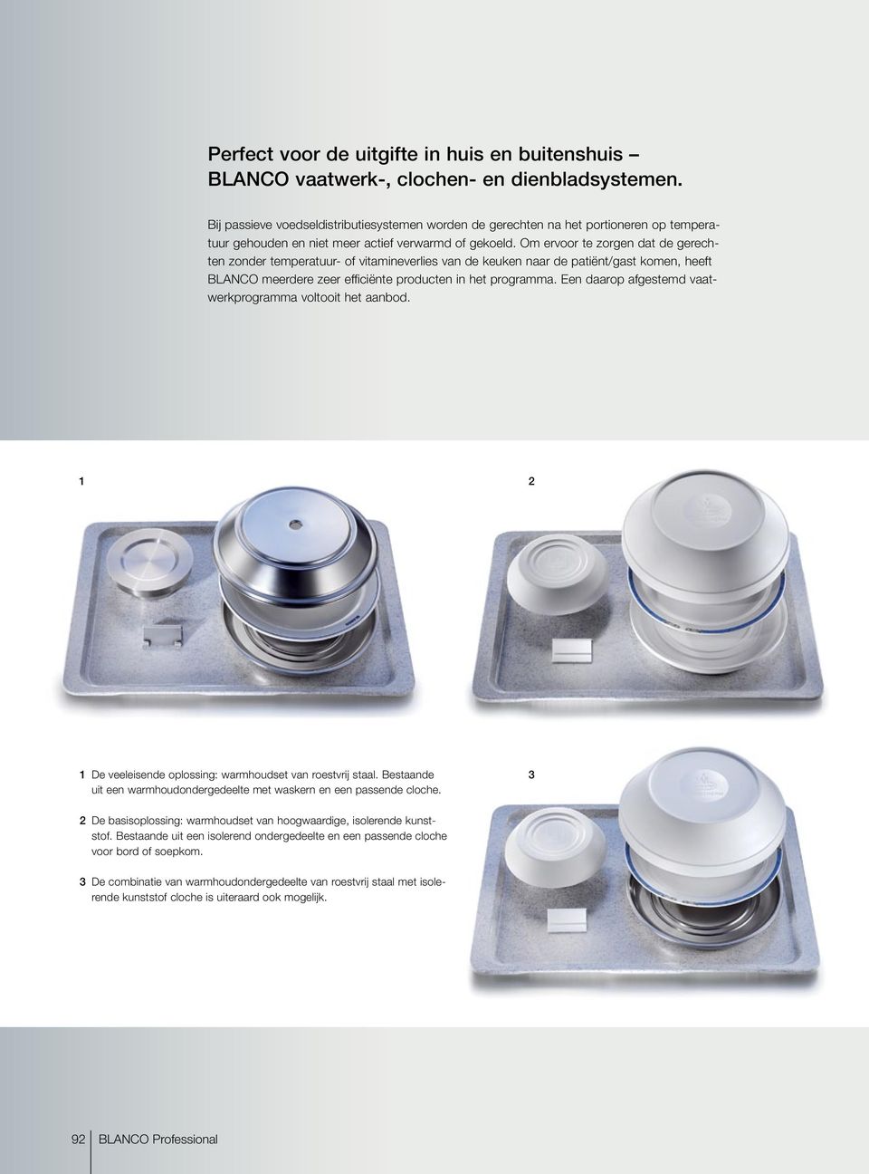 Om ervoor te zorgen dat de gerechten zonder temperatuur- of vitamineverlies van de keuken naar de patiënt/gast komen, heeft BLANCO meerdere zeer efficiënte producten in het programma.