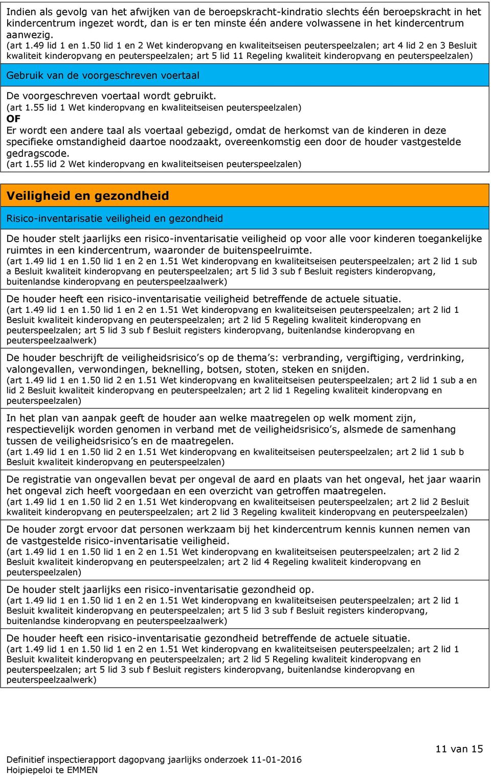 50 lid 1 en 2 Wet kinderopvang en kwaliteitseisen peuterspeelzalen; art 4 lid 2 en 3 Besluit kwaliteit kinderopvang en peuterspeelzalen; art 5 lid 11 Regeling kwaliteit kinderopvang en Gebruik van de