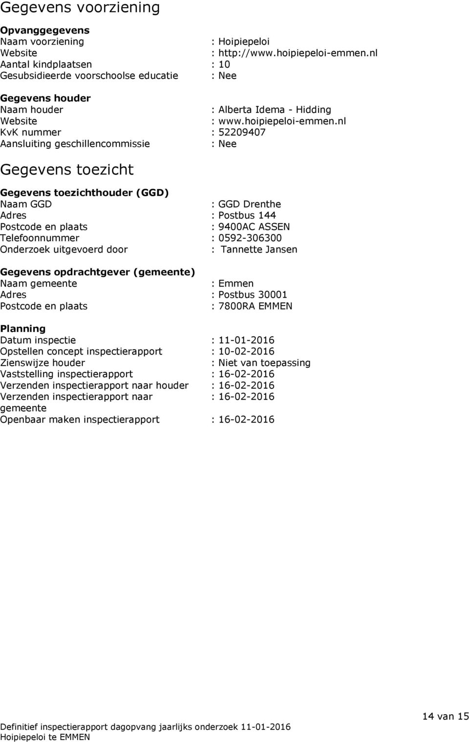 nl KvK nummer : 52209407 Aansluiting geschillencommissie : Nee Gegevens toezicht Gegevens toezichthouder (GGD) Naam GGD : GGD Drenthe Adres : Postbus 144 Postcode en plaats : 9400AC ASSEN