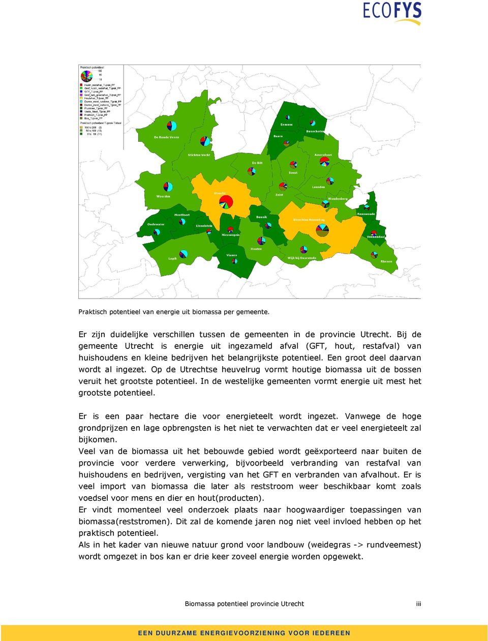 Op de Utrechtse heuvelrug vormt houtige biomassa uit de bossen veruit het grootste potentieel. In de westelijke gemeenten vormt energie uit mest het grootste potentieel.