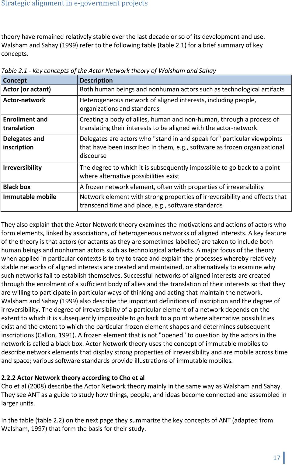 1 - Key concepts of the Actor Network theory of Walsham and Sahay Concept Description Actor (or actant) Both human beings and nonhuman actors such as technological artifacts Actor-network Enrollment