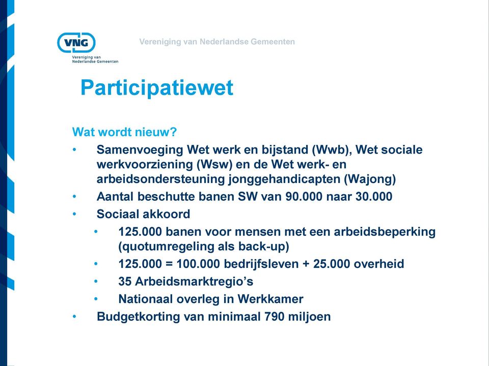 jonggehandicapten (Wajong) Aantal beschutte banen SW van 90.000 naar 30.000 Sociaal akkoord 125.