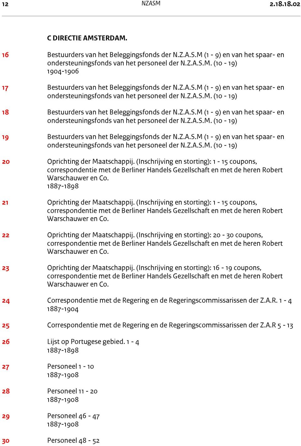 Z.A.S.M (1-9) en van het spaar- en ondersteuningsfonds van het personeel der N.Z.A.S.M. (10-19) 20 Oprichting der Maatschappij.