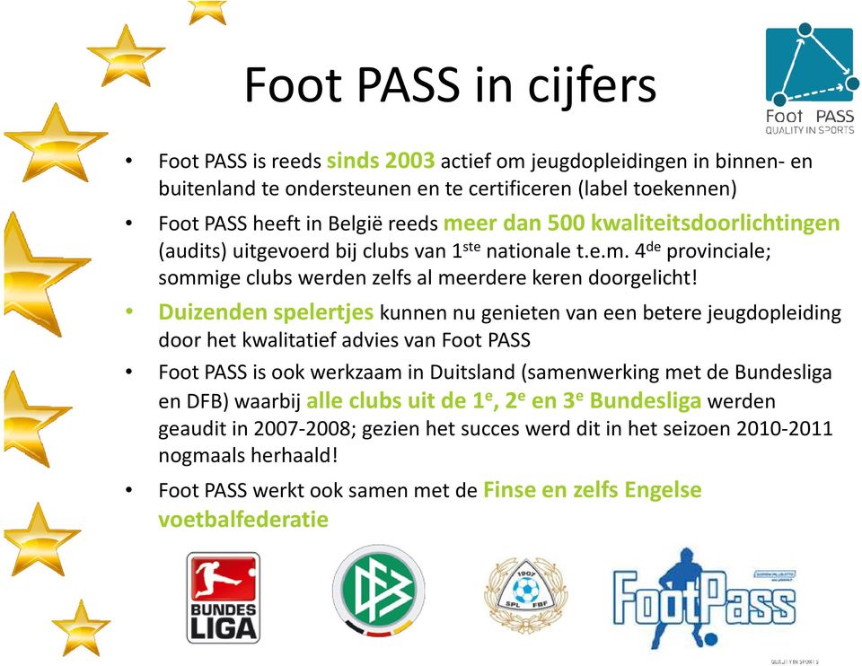 Duizenden spelertjes kunnen nu genieten van een betere jeugdopleiding door het kwalitatief advies van Foot PASS Foot PASS is ook werkzaam in Duitsland (samenwerking met de Bundesliga en DFB)