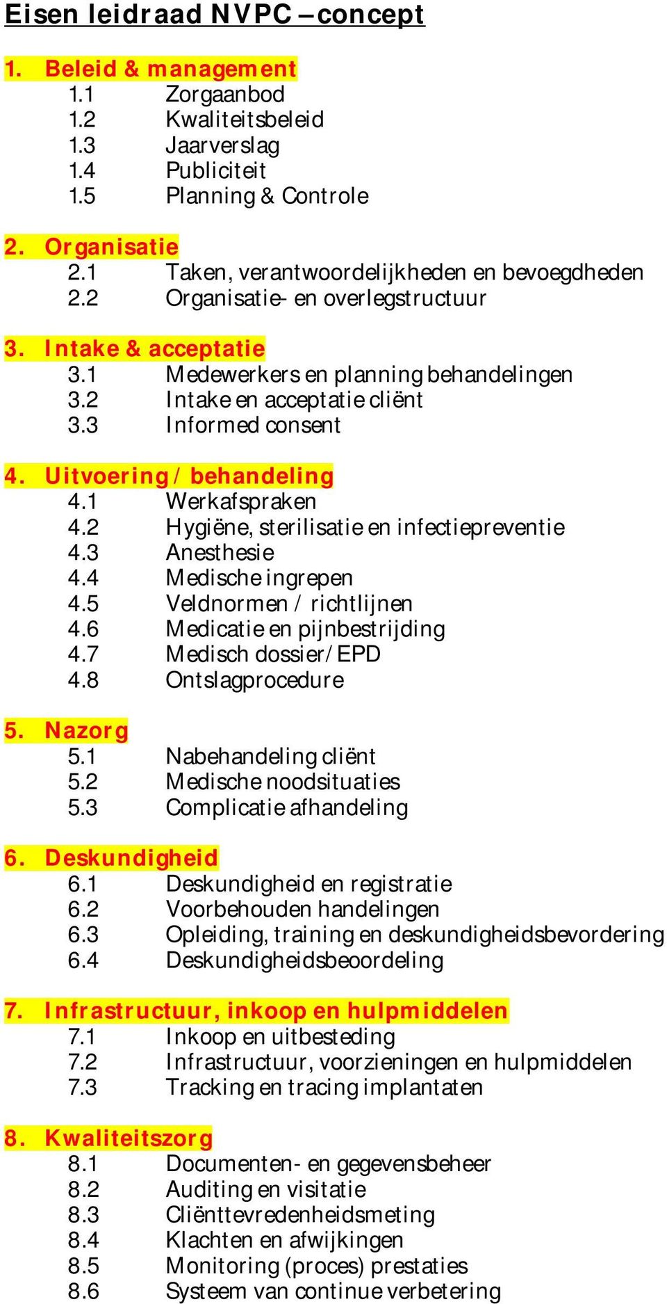 3 Informed consent 4. Uitvoering / behandeling 4.1 Werkafspraken 4.2 Hygiëne, sterilisatie en infectiepreventie 4.3 Anesthesie 4.4 Medische ingrepen 4.5 Veldnormen / richtlijnen 4.