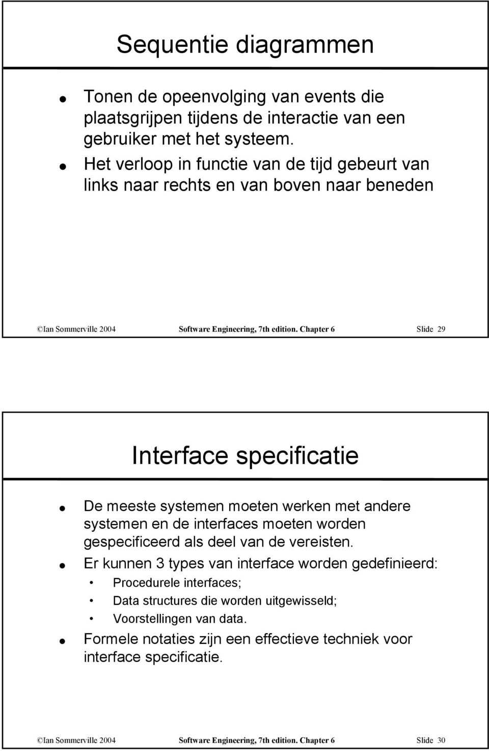 Chapter 6 Slide 29 Interface specificatie De meeste systemen moeten werken met andere systemen en de interfaces moeten worden gespecificeerd als deel van de vereisten.