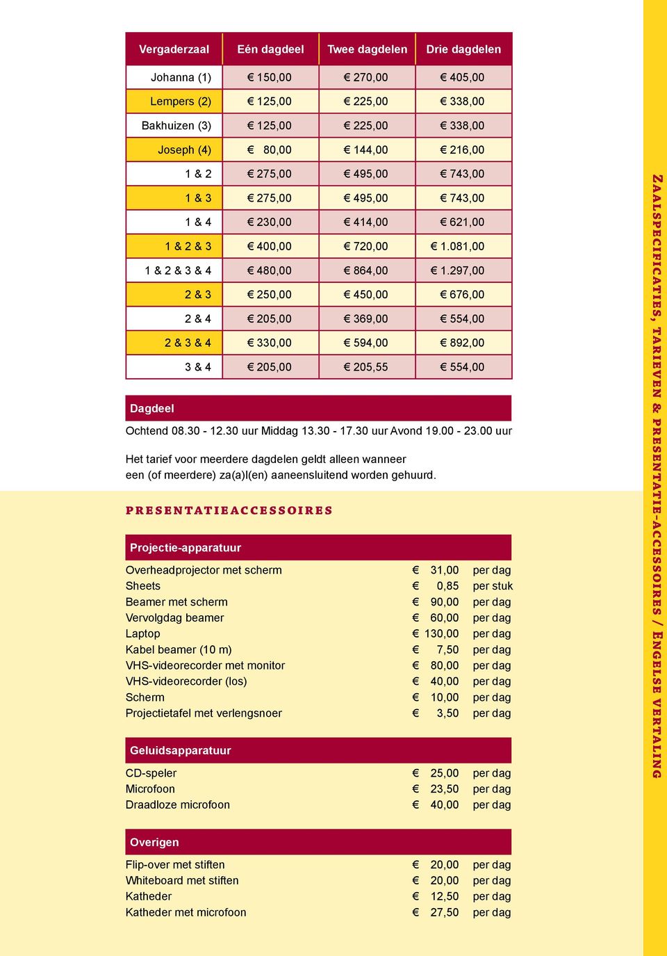 297,00 Dagdeel 2 & 3 250,00 450,00 676,00 2 & 4 205,00 369,00 554,00 2 & 3 & 4 330,00 594,00 892,00 3 & 4 205,00 205,55 554,00 Ochtend 08.30-12.30 uur Middag 13.30-17.30 uur Avond 19.00-23.