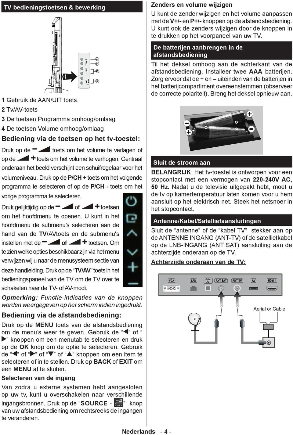 TV bedieningstoetsen & bewerking De batterijen aanbrengen in de afstandsbediening Til het deksel omhoog aan de achterkant van de afstandsbediening. Installeer twee AAA batterijen.