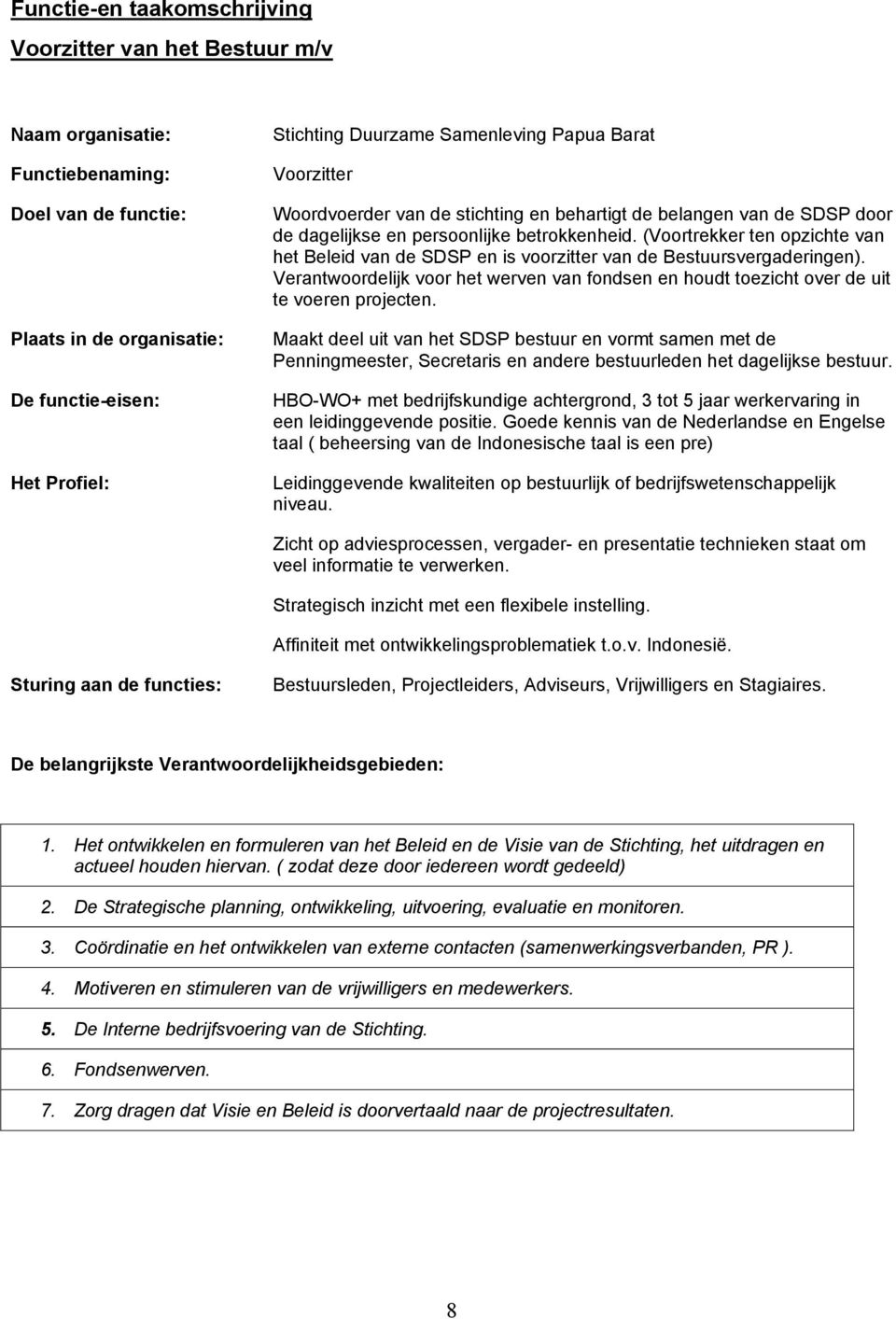 (Voortrekker ten opzichte van het Beleid van de SDSP en is voorzitter van de Bestuursvergaderingen). Verantwoordelijk voor het werven van fondsen en houdt toezicht over de uit te voeren projecten.