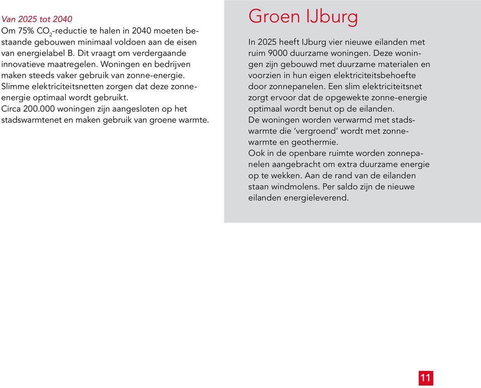 000 woningen zijn aangesloten op het stadswarmtenet en maken gebruik van groene warmte. Groen IJburg In 2025 heeft IJburg vier nieuwe eilanden met ruim 9000 duurzame woningen.